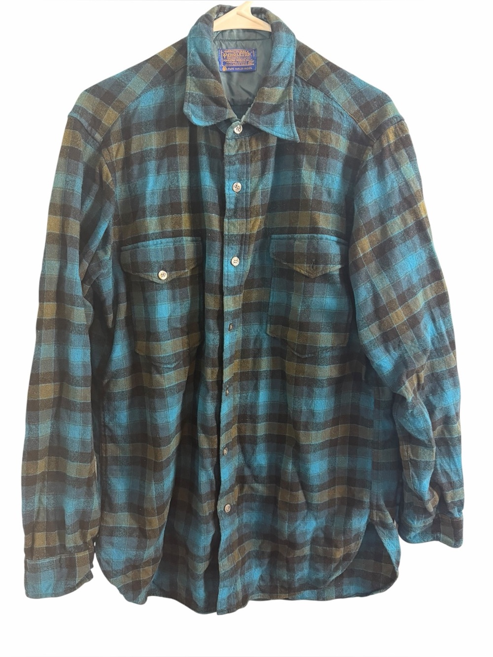 Vintage 60's Pendleton Wool Long Sleeve Plaid Two Pocket Shirt Blue Green